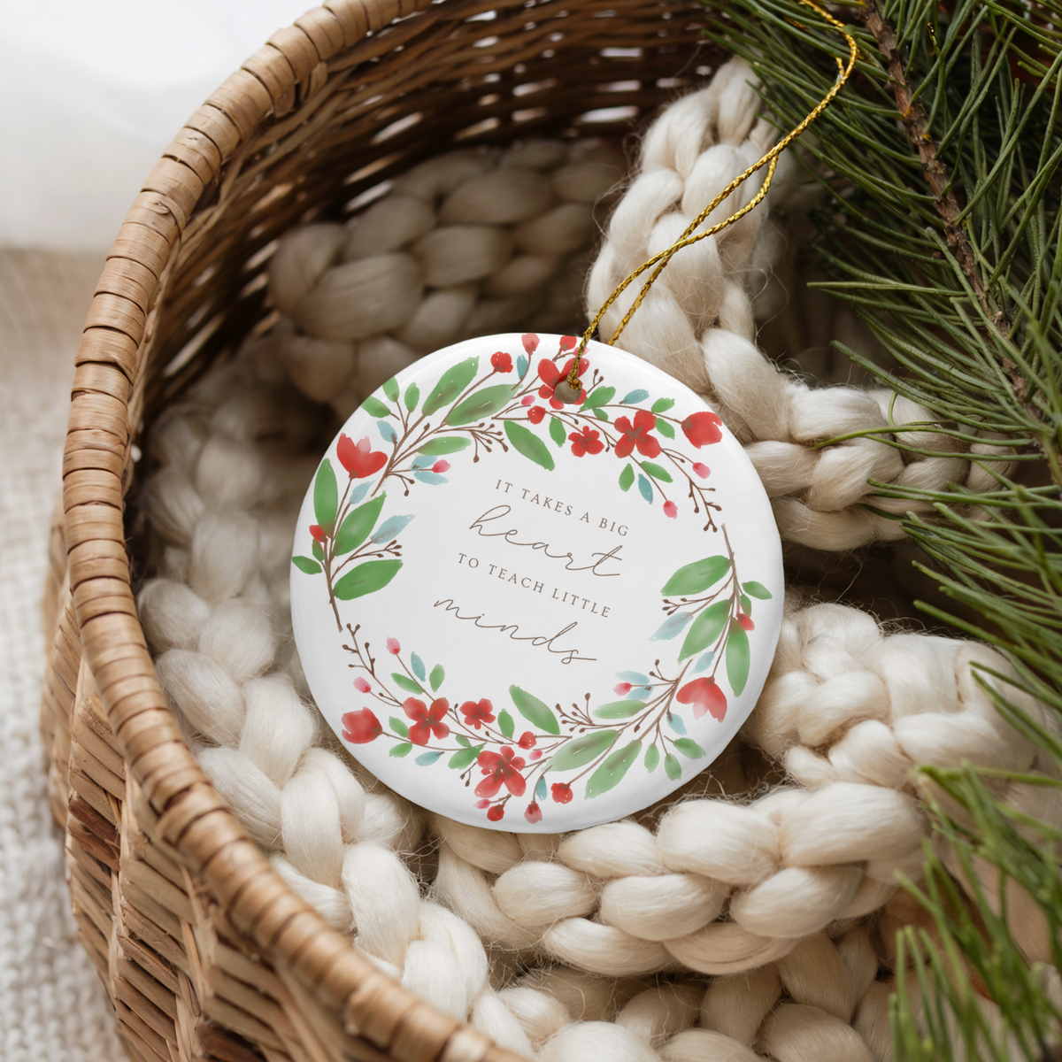 It Takes a Big Heart – Red Floral Wreath Teacher Ornament