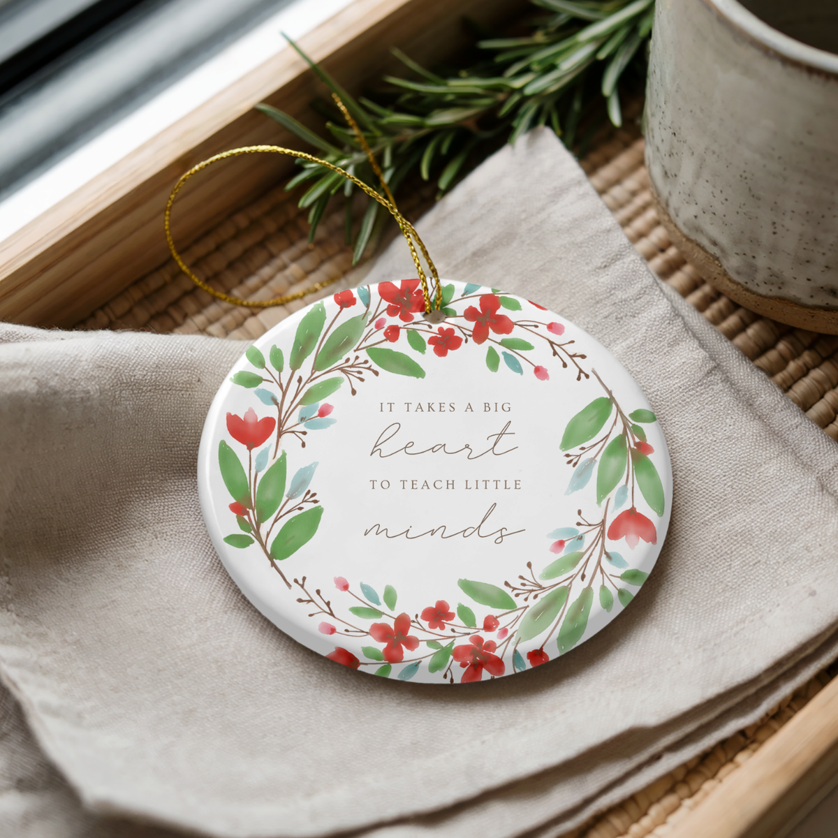It Takes a Big Heart – Red Floral Wreath Teacher Ornament